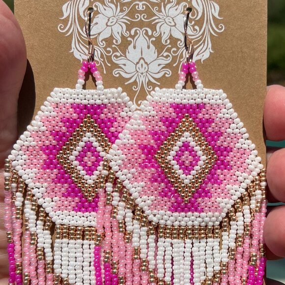 Handmade Beaded Native American Style Long & Large Fringe Dangle Drop Earrings - Picture 4 of 9